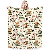 Qycazzw Book Floral Lover Blanket 50"x60", Vintage Tea Cup and Reader Books Throw Blankets, Gifts for Women Girls Kids, Soft Lightweight Fleece for Sofa Room Couch Bed Travel Modern Decor