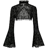 GORGLITTER Women's Lace Bell Long Sleeve Goth Tops Poncho Y2k Mock NeckLightweight Bolero Shrugs Cardigan for Dress