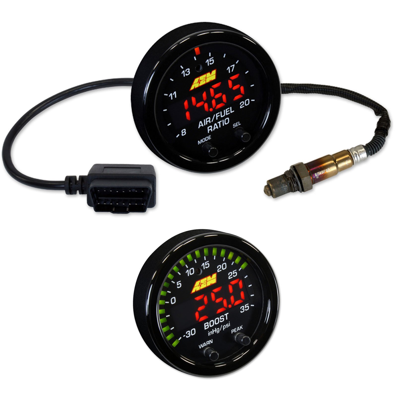 AEM X-Series 2 Gauge 52mm Set UEGO WideBand A/F Ratio w/OBDII + Boost Pressure 35psi