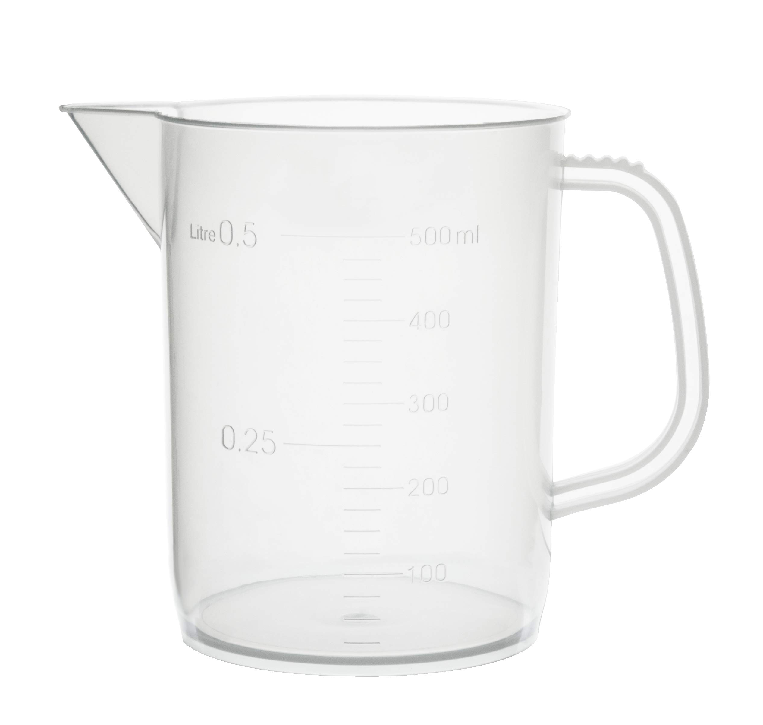 Eisco Short Form Measuring Jug with Tapered Spout - 500ml | Raised Graduations Every 25ml | Easy to Read | Superior Chemical Durability | 119mm Tall x 139mm Wide | 82mm Bottom Dia