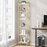 Hzuaneri Bookshelf, Book Shelf, Industrial Bookcase with 2 Hooks, Coner Shelf Storage Organizer for Home Office, Living Room, Bedroom, Kitchen, 6-Tier White-Gold BC10713G