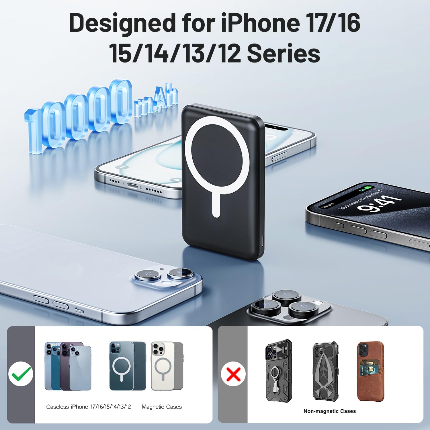 Powerbank für MagSafe, AOGUERBE Magnetische Power Bank 10000mAh mit Ständer 3