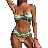 ZAFUL Women's Bandeau Bikini V Strapless Confetti Colorblock Tie Back High Cut Two Piece Swimsuit Bathing Suits