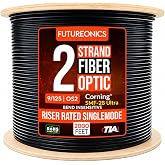 Futureonics 2 Strand Indoor/Outdoor Fiber Optic Cable, OS2 9/125 Singlemode, Corning SMF-28&reg; Ultra, Bend Insensitive, Black, Riser Rated, Spool, 2000 Foot