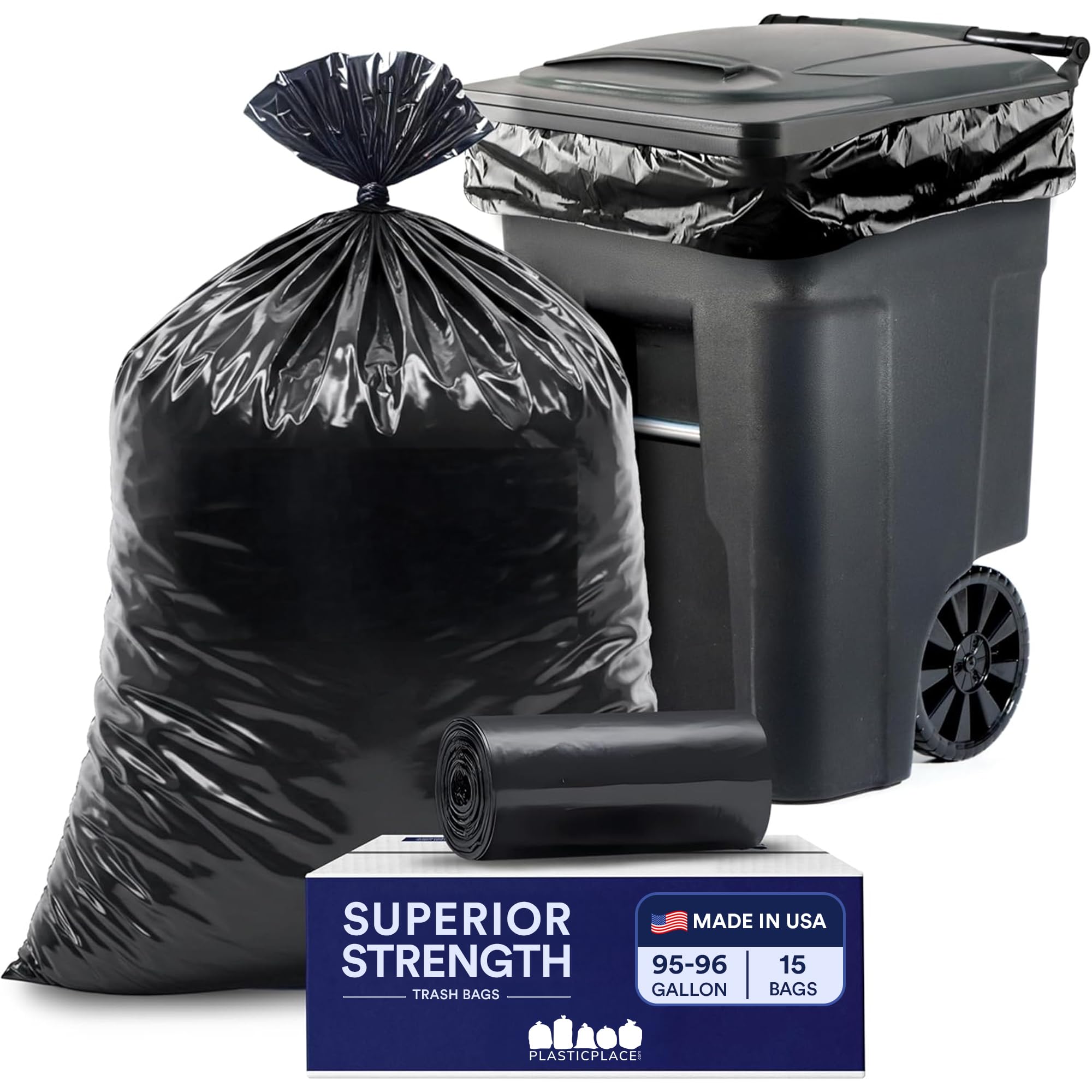 Photo 1 of **USED, INCOMPLETE** Plasticplace 95-96 Gallon Heavy Duty Black Trash Bags - Contractor Grade, Extra Large Garbage Bags for Construction & Outdoor Trash Cans, 1.2 Mil Thick, 61” x 68” (Count Roll)