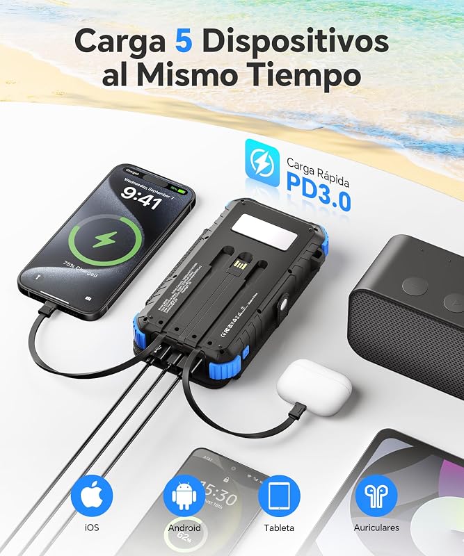 Power Bank Solar de 20000mAh con 4 Paneles Solares y 3 Cables — foto 4 de 8