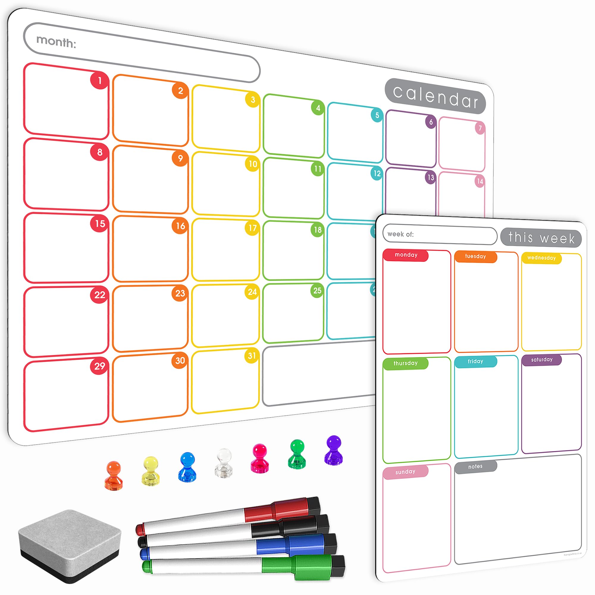 TMS A3 / A4 Multi-Coloured Magnetic Weekly Planner/Memo Board/Calendar – Whiteboard, Shopping List and Meal Planner - with 4 Magnetic Dry Wipe Pens and Eraser (Colour Weekly, Planner Combo Set)