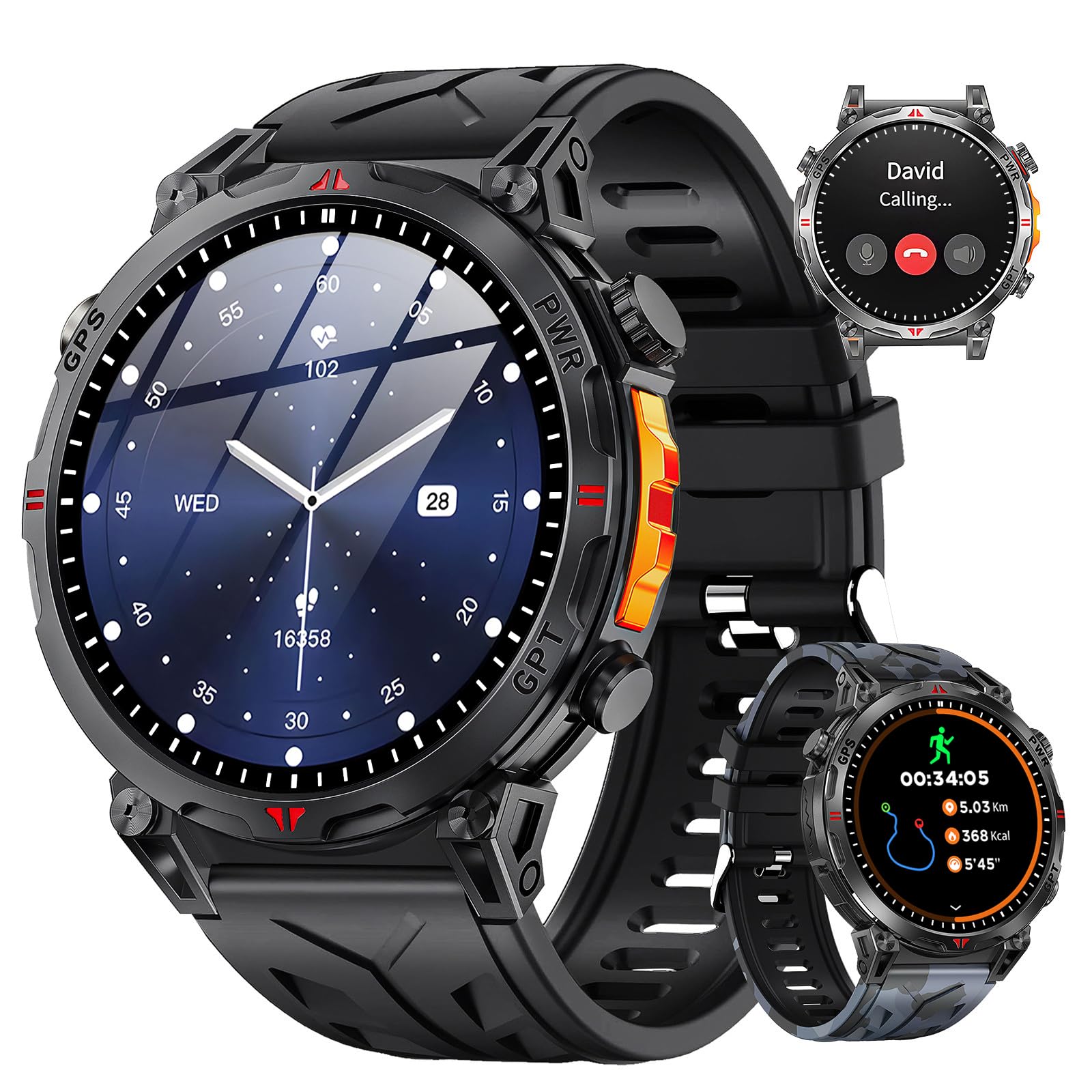 Smart Watch (2025 ChatGPT Built-In GPS AI Dial), 1.6-inch AMOLED Large Screen, Military Standard, Shockproof, GPS Motion Mode Recording, Bluetooth 5.3 Calls, LINE/Message Notifications, Vibration and