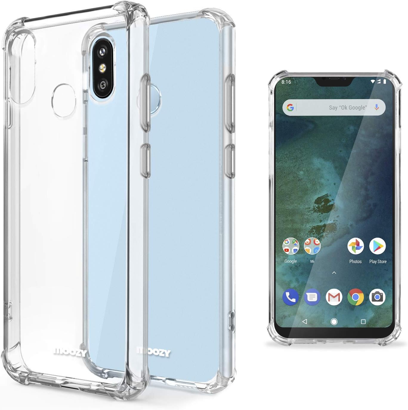 Moozy Shock Proof Silicone Case for Xiaomi Mi A2 Lite, Redmi 6 Pro - Transparent Case with Shock Absorbing 3D Corners Crystal Clear Protective Phone Case Soft TPU Silicone Cover