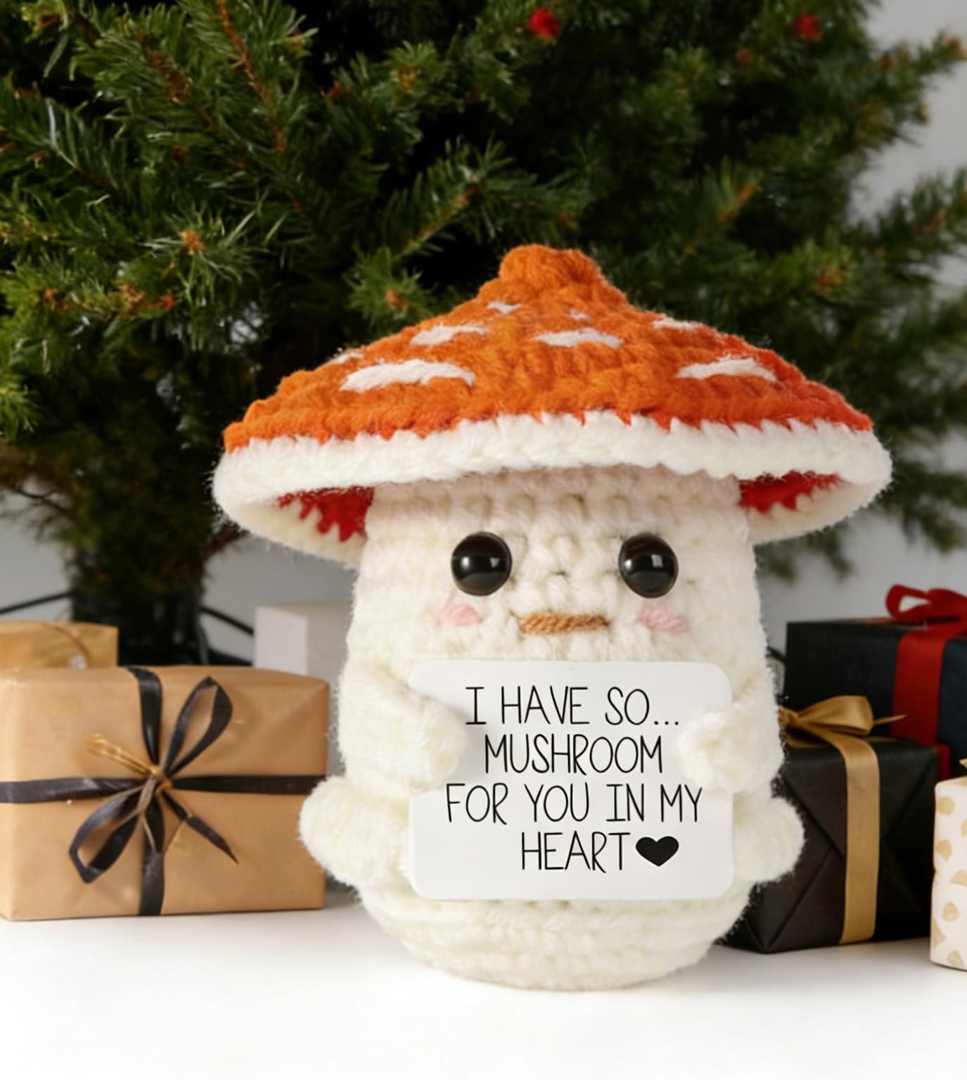 HYMC Mushroom Plush – Positive Crochet Mushroom Doll, Orange-White, Cute Knitted Toy for Emotional Support, Perfect Mother's Day & Easter Gift, Party Decoration, Handmade Gift for Friends