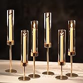 NUPTIO Hurricane Candle Holder for Candlestick: 6 Pcs Gold Taper Candlestick Holders - Tall Modern Candles Stick Decor with Cylinder Shape Cover for Dinner Table Centerpiece