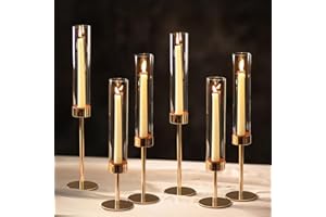 NUPTIO Hurricane Candle Holder for Candlestick: 6 Pcs Gold Taper Candlestick Holders - Tall Modern Candles Stick Decor with Cylinder Shape Cover for Dinner Table Centerpiece