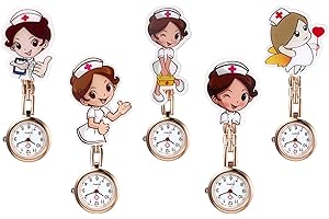 LANCARDO 1-5 Pack Nurse Watch with Second Hand for Women Clip-on Lapel Hanging Fob Watch Cute Cartoon Rosegold Doctor Hosptial Tunic Stethoscope Quartz Pocket Watch