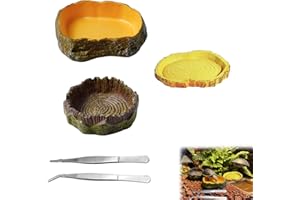 Reptile Accessories Set – 3 Premium Water/Food Bowls + 2 Stainless Steel Feeding Tongs for Habitats, PVC Bark-Texture Design,