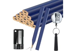 HOHEAN 14 Pcs Carpenter Pencils, 7 Inches Flat Octagonal Hard Black Woodworking Construction Pencils Heavy Duty with Pencil Sharpener and Retractable Pencil Holder for Contractor Carpentry (Navy Blue)