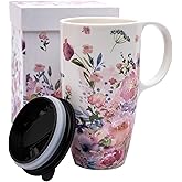 Topadorn Ceramic Coffee Mug Travel Cup Gift with Lid 17oz, Porcelain Tall Tea Cup with Handle for Home & Office, White & Pink Flower Art Pattern Mug in Gift Box, 6.5''H