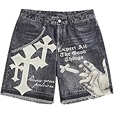 GORGLITTER Men's Y2k Graphic Retro Denim Shorts Jean Grunge Hip Hop Distressed Streetwear Straight Leg Jorts