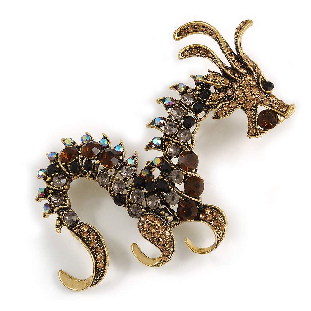 Huge Ornate Topaz/Citrine/Grey/Black Crystal Chinese Dragon Brooch in Aged Gold Tone - 100mm Tall