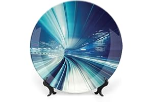 LIGUTARS Ceramic Display Plate, Abstract Decor Ceramic Hanging Decorative Plate, Train Yurikamome Tokyo Modern Landscape at Night, 10 Inch, Household Custom Ceramic Plate, Blue White and Dark Blue