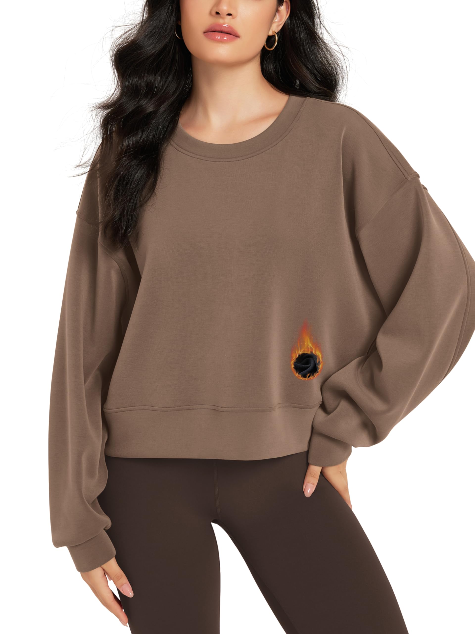 ODODOS Modal Soft Long Sleeve Cropped Sweatshirts for Women Oversized Crew Neck Pullover Crop Top, Fleece Lined Nutria, X-Large Image