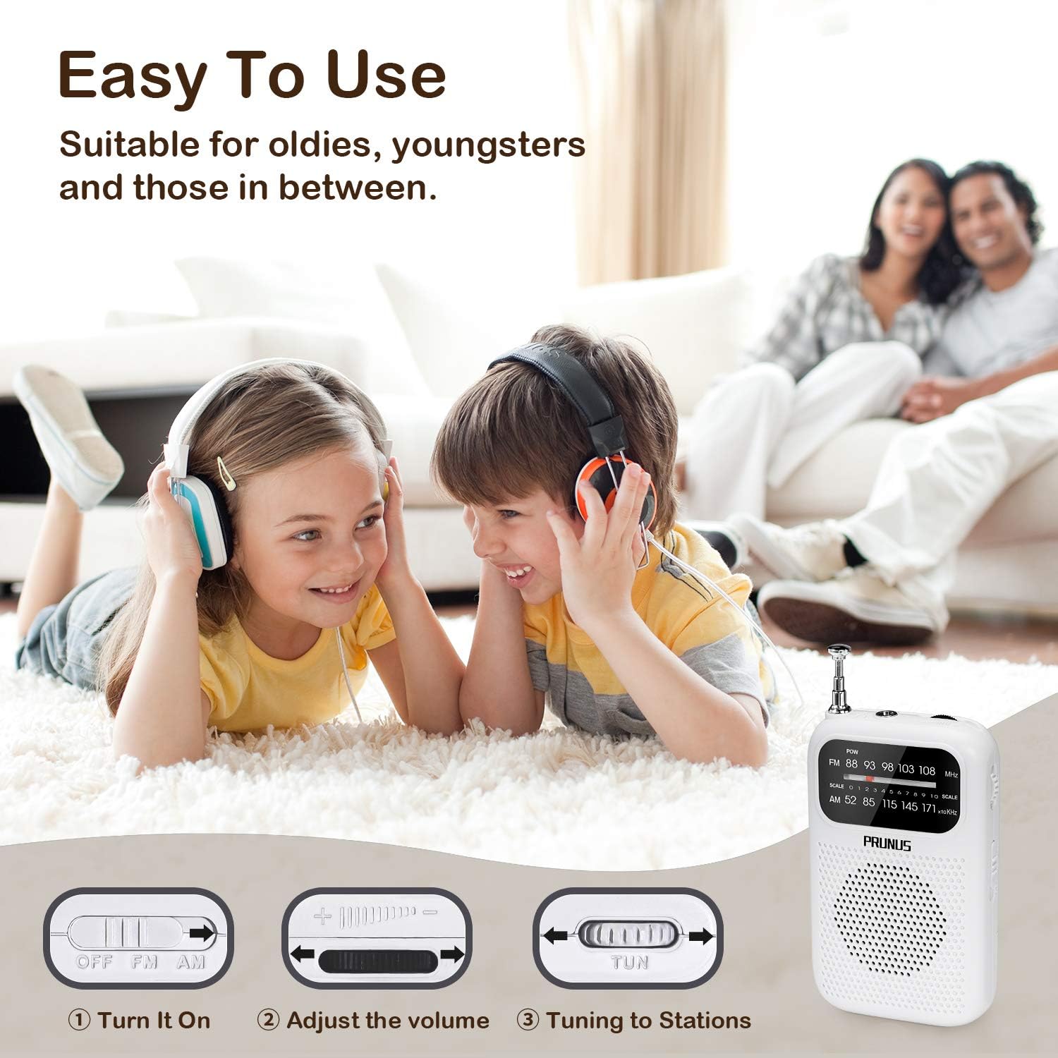 J-777 Portable Pocket Radio AM FM Transistor Radio Battery Operated, Stereo Headphones Jack, Excellent Reception, by PRUNUS(White): Electronics