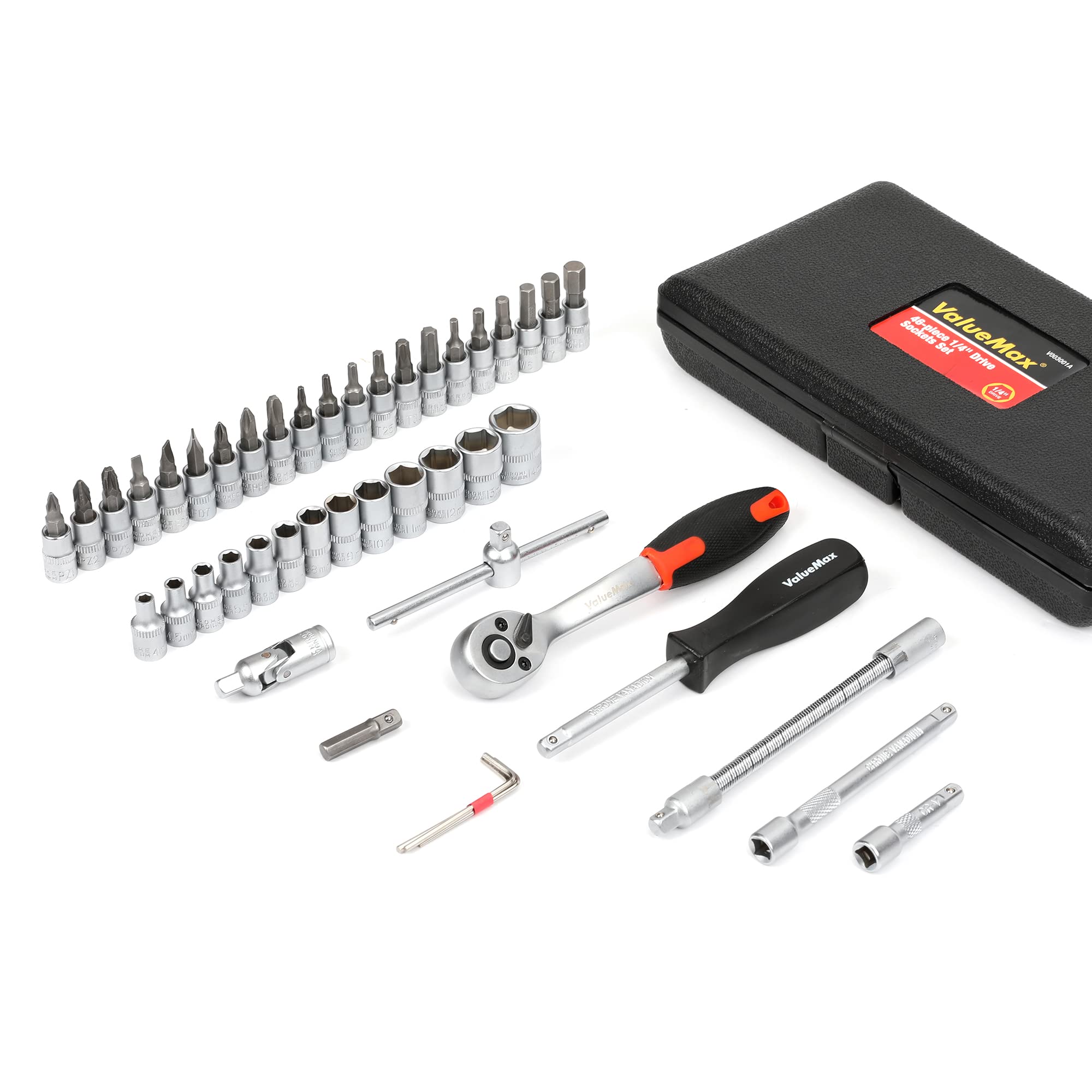ValueMax Steckschlüsselsatz 46tlg. Cr-V Stahl Steckschlüssel mit 1/4" Umschaltknarre, Steckschlüssel, Bitsatz, Steckschlüsseleinsätze, Werkzeugkoffer 9