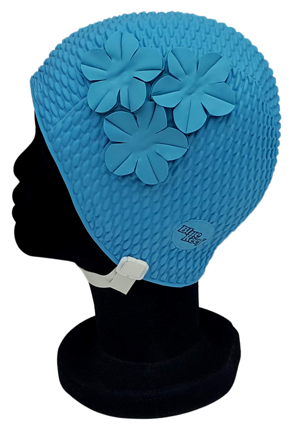 Blue Reef Oslo Bubble Solid Colour Floral Ladies Classic Retro 3 Flower Group Understated Tone On Tone 3D Petal Stylish Vintage Swimming Hat Swim Cap One Size Adults With Adjustable Strap (Blue)