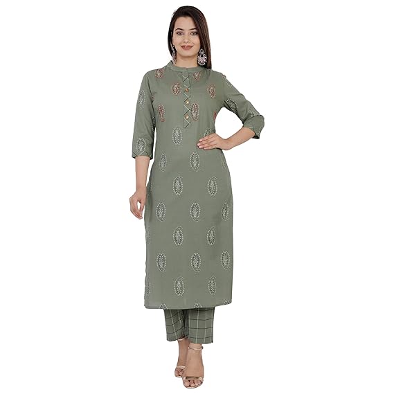 Women's Cotton Printed Kurti With Printed Palazzo Pant Set (Green)