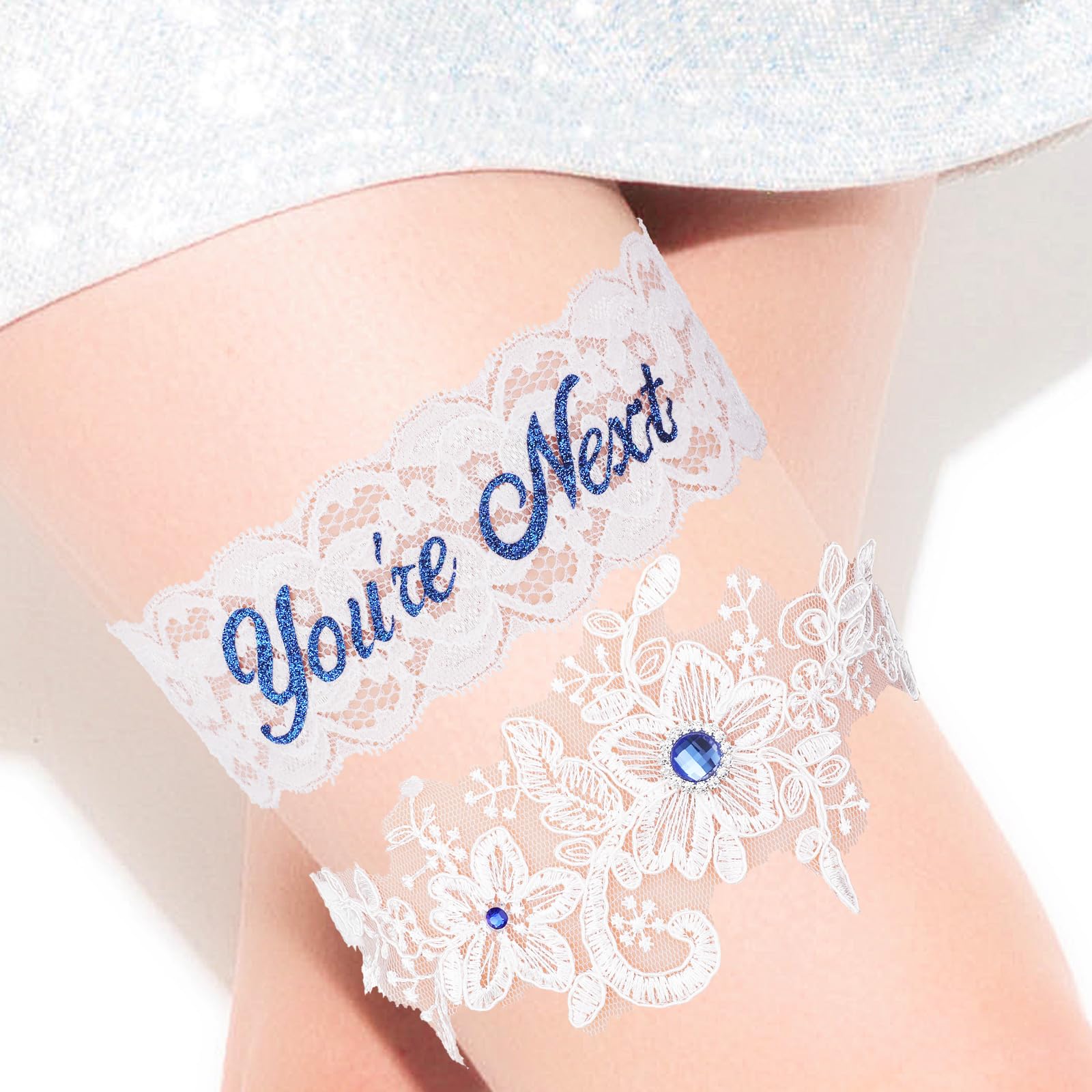 Lusofie 2Pcs Bridal Wedding Garter Rhinestones Blue Wedding Garter for Bride White Lace Floral You're Next Garters for Bride Women