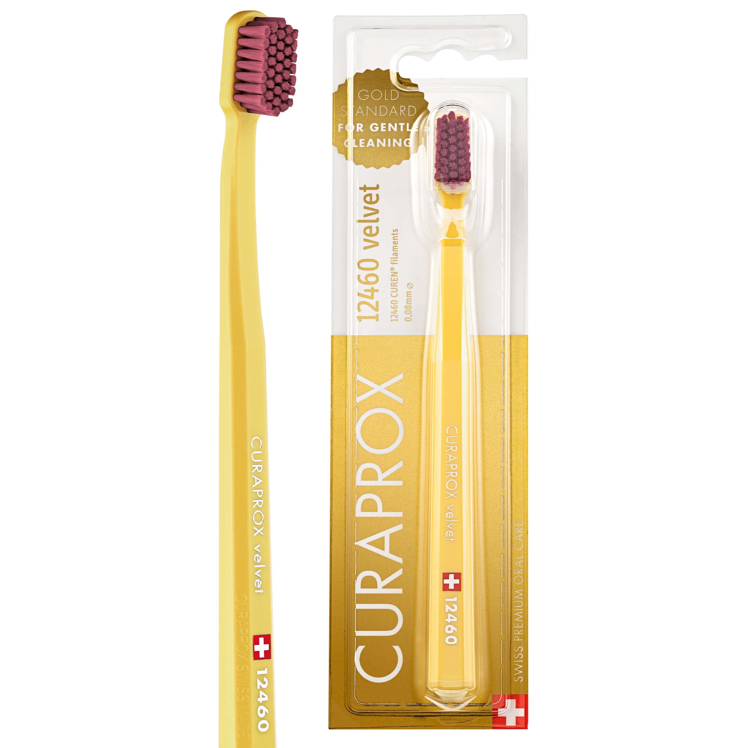 Curaprox CS 12460 Velvet Soft Toothbrush – Sensitive Gum Care | Ultra-Gentle Cleaning with 12,460 Filaments | Single Pack, Yellow-Burgundy | Made in Switzerland