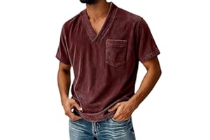 Corduroy T Shirts for Men Short Sleeve V Neck Shirt with Pocket Solid Color Textured Tees Summer Casual Tops Clothes