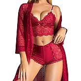 RSLOVE Women Sexy Lingerie Set - 3 Piece Lace Bra and Panty Sets with Mesh Kimono Robe Nightgown Sleepwear