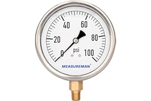 MEASUREMAN 4" Dial Size, Glycerin Filled Plumbing Pressure Gauge, 0-100psi, Stainless Steel Case, 1/4" NPT Lower Mount