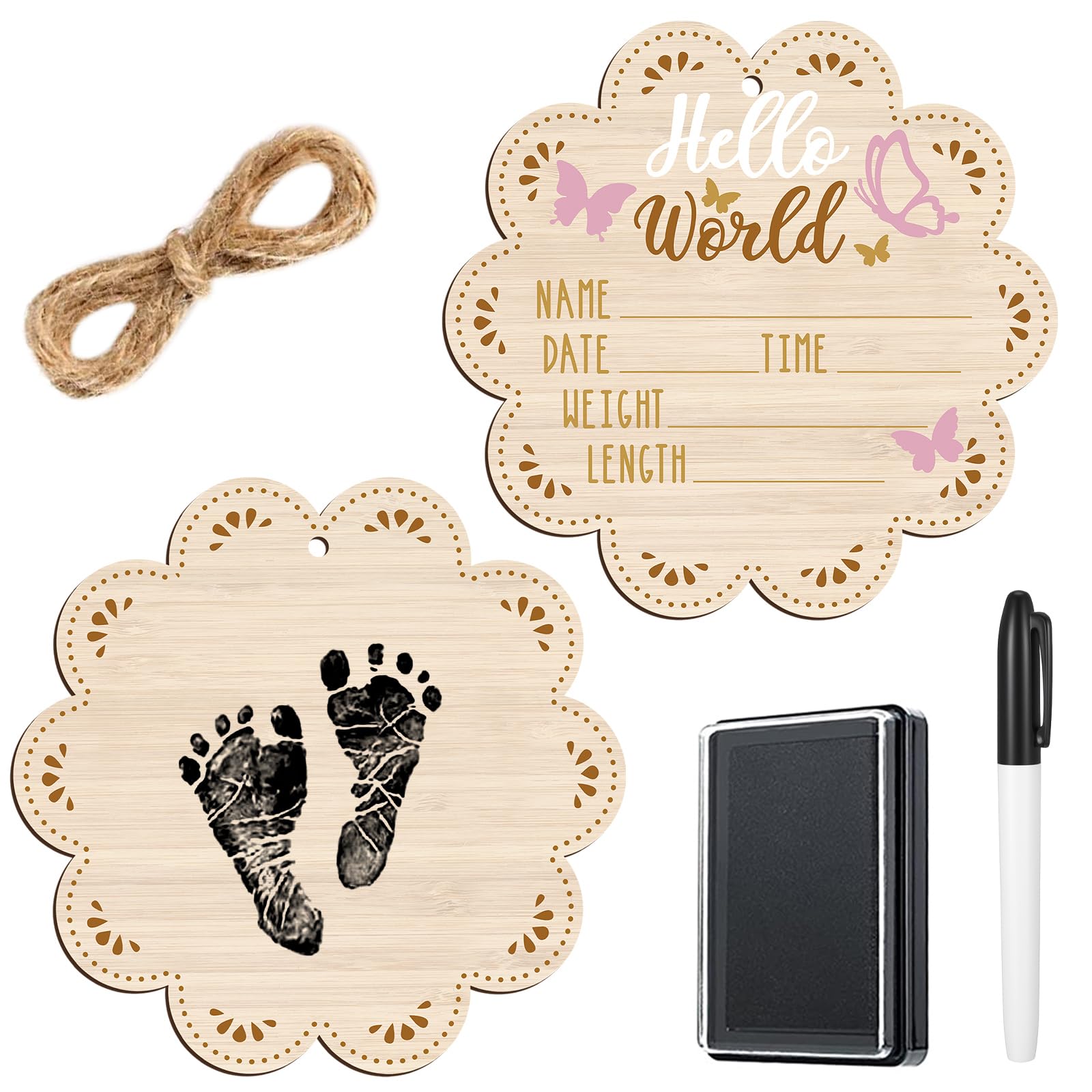 Photo 1 of Thyle Baby Announcement Wooden Name Sign for Hospital Birth Double Sided Newborn Welcome Sign with Marker Pen and Ink Pad for Baby Shower Hand Footprints (Pink Butterfly)