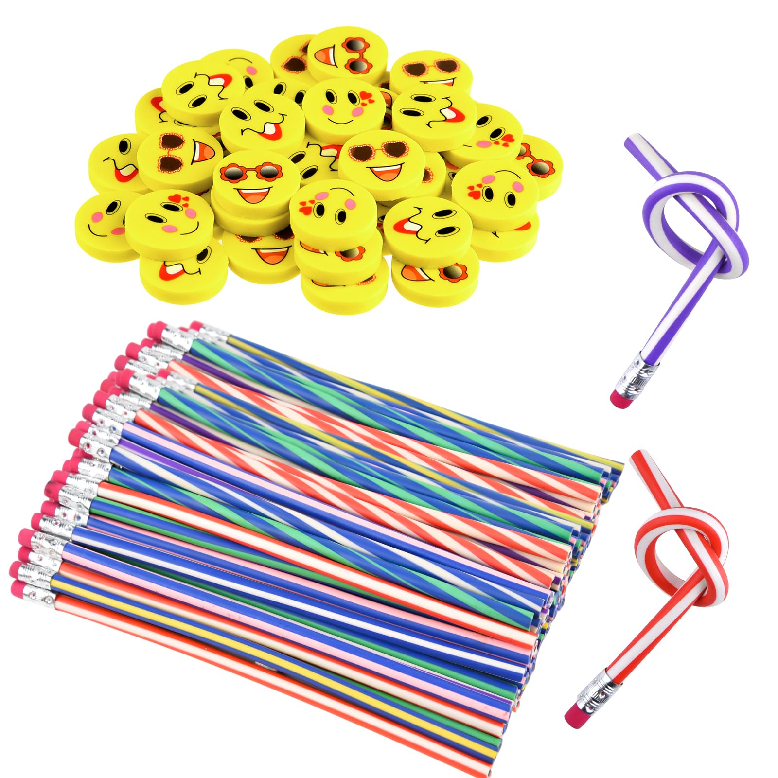ANPUNAT 96 Pcs Party Bag Filler Set, Soft Flexible Bendy Pencils and Erasers School Fun Stationary Equipment Party Favor Supplies