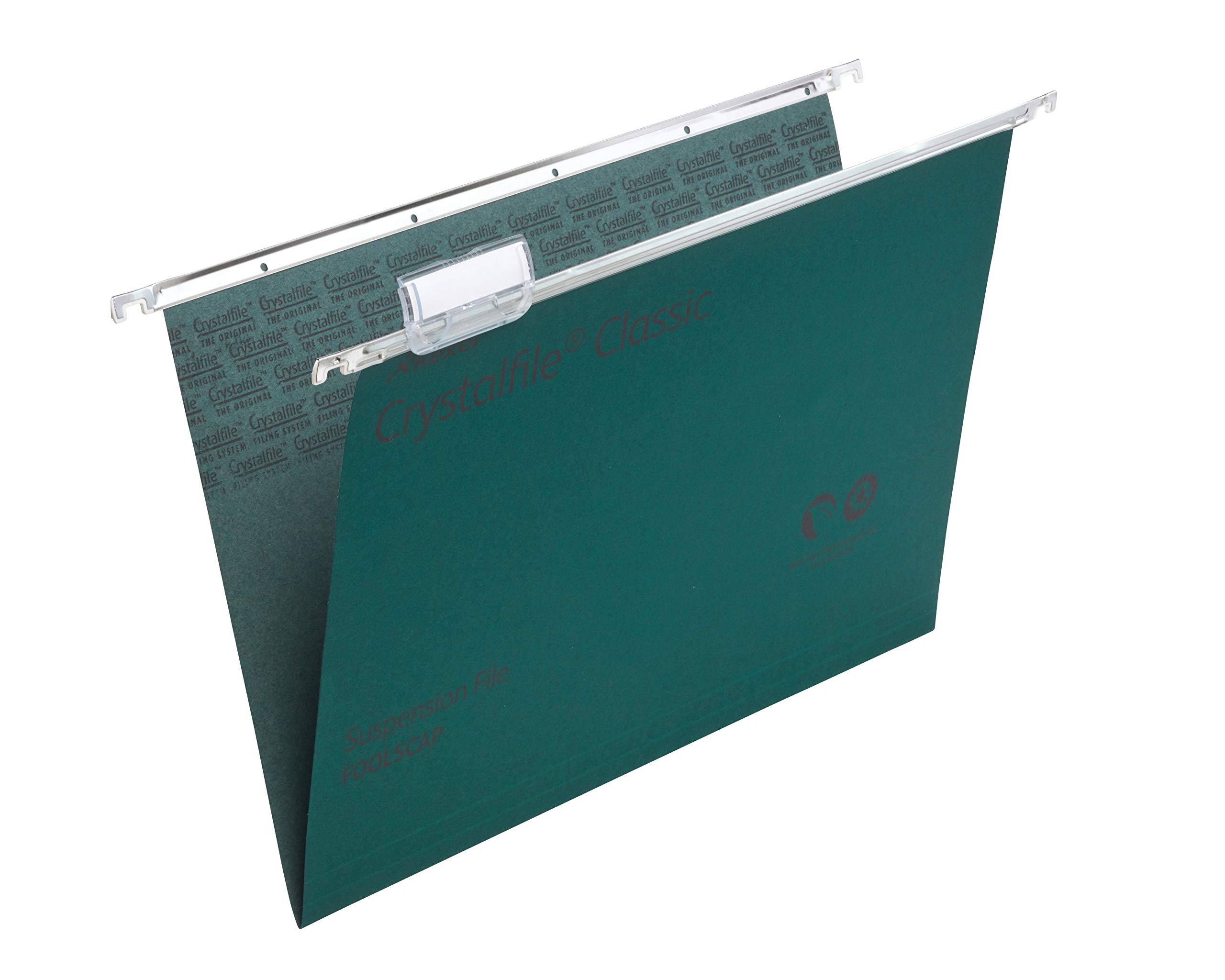 Rexel Foolscap Suspension Files with Tabs and Inserts for Filing Cabinets, 15 mm V base, 100 Percent Recycled Manilla, Green, Crystalfile Classic, Pack of 50, 78016