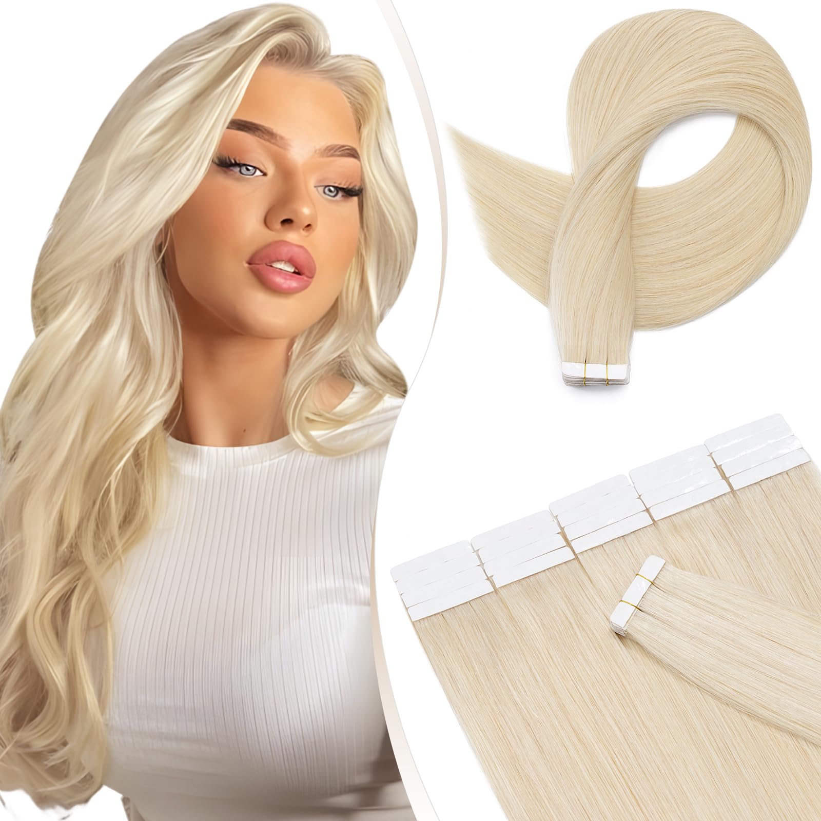 Elailite Tape in Hair Extensions Human Hair Thin Type 1.5g/pcs - 20Pcs 100% Real Natural Remy Hair Skin Weft Extension (#60 Platinum Blonde, 14 inches) — image 1