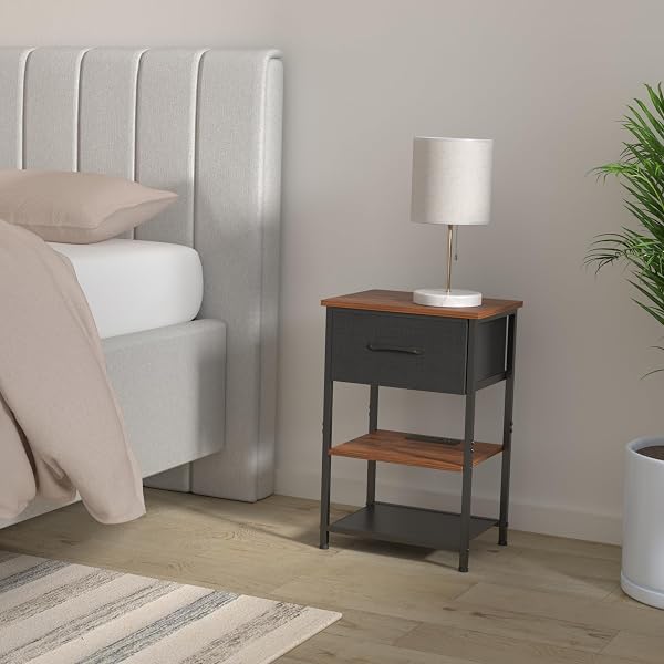 LAKEMID NIGHTSTANDS SET OF 2 WITH CHARGING STATION AND DRAWER, END TABLE BEDSIDE TABLE WITH 20 COLORS LED LIGHT STRIP AND 2 LAYERS SHELF FOR BEDROOM LIVING ROOM SOFA COUCH (BLACK)