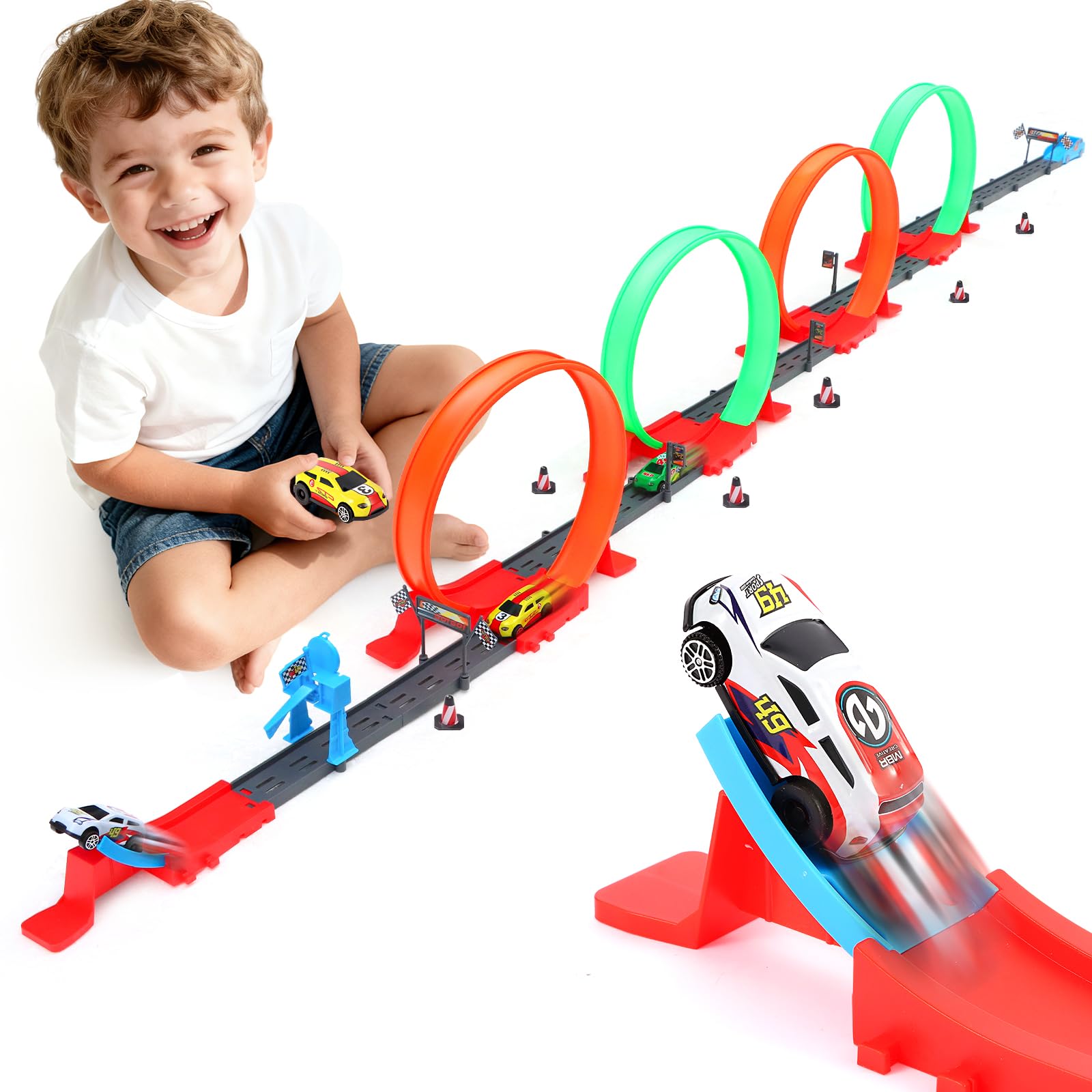 Havnidy Toy Car Track Set with 4 x 360° Loop & 3 High-Speed Race Cars – Toy Cars for 3-12 Year Olds – Slot Car Race Tracks Car Toys – Birthday for Boys and Girls