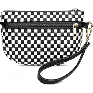 Woven Wristlet Bag for Women Checkered Crescent Pouch Wallet Small Purse | Vintage faux leather clutch features a detachable