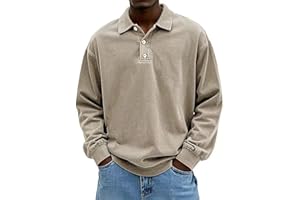 ZWSPTO Mens Cotton Long Sleeve Polo Shirt Casual Button Up Loose Fit Denim Work Shirt Solid Collared Hiking T-Shirt