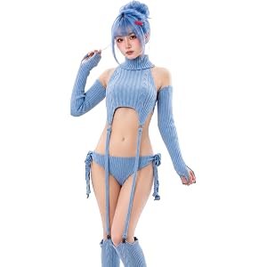 Ruocealya Virgin-Killer Backless Sweater Cosplay Set S-M | Anime Outfit for Women with High Neck Knit Top, T Back Briefs, Arm