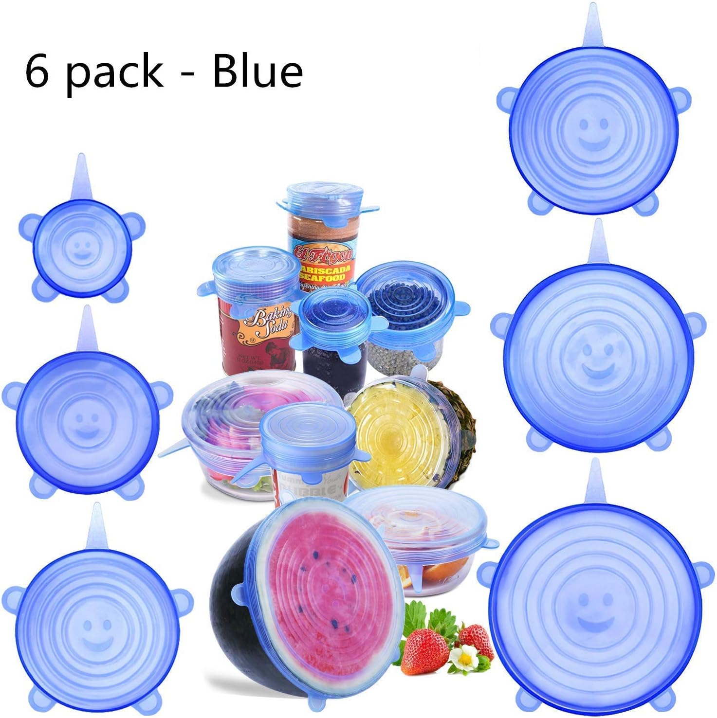 Silicone Stretch Food Covers Lids Various Sizes Reusable Durable and Expandable Silicone Bowl Lids Food Saver Covers Bowl Pot Cup Lid (Blue-6 Pack)