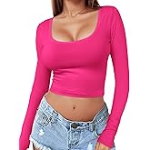 Women's Square Neck Long Sleeve Crop Top Y2K Shirt Sexy Slim Fitted Casual Base Layer Soft Workout Shirt Going Out Tops