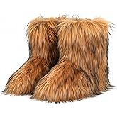CEPEPRIN Women's Faux Fur Boots Furry Fuzzy Snow Boots Fluffy Winter Boot Warm Comfortable Mid-Calf Boot Outdoor Indoor Flat Shoes