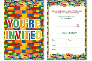 Soiceu Building Blocks Birthday Invitations, Cute Building Blocks Birthday Party Invites with Envelopes Set of 20