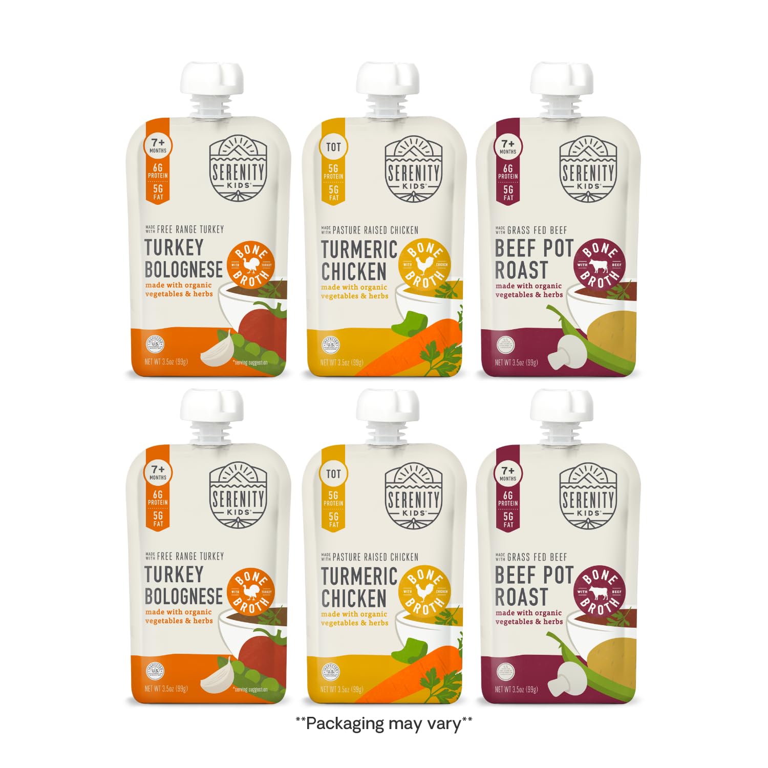 Serenity Kids 7+ Months Bone Broth Puree Made with Organic Veggies - BPA-Free Organic Baby Food Pouches with Veggies & Ethically Raised Meat - Clean Label Project Certified - 3.5 Oz, 6 Pack