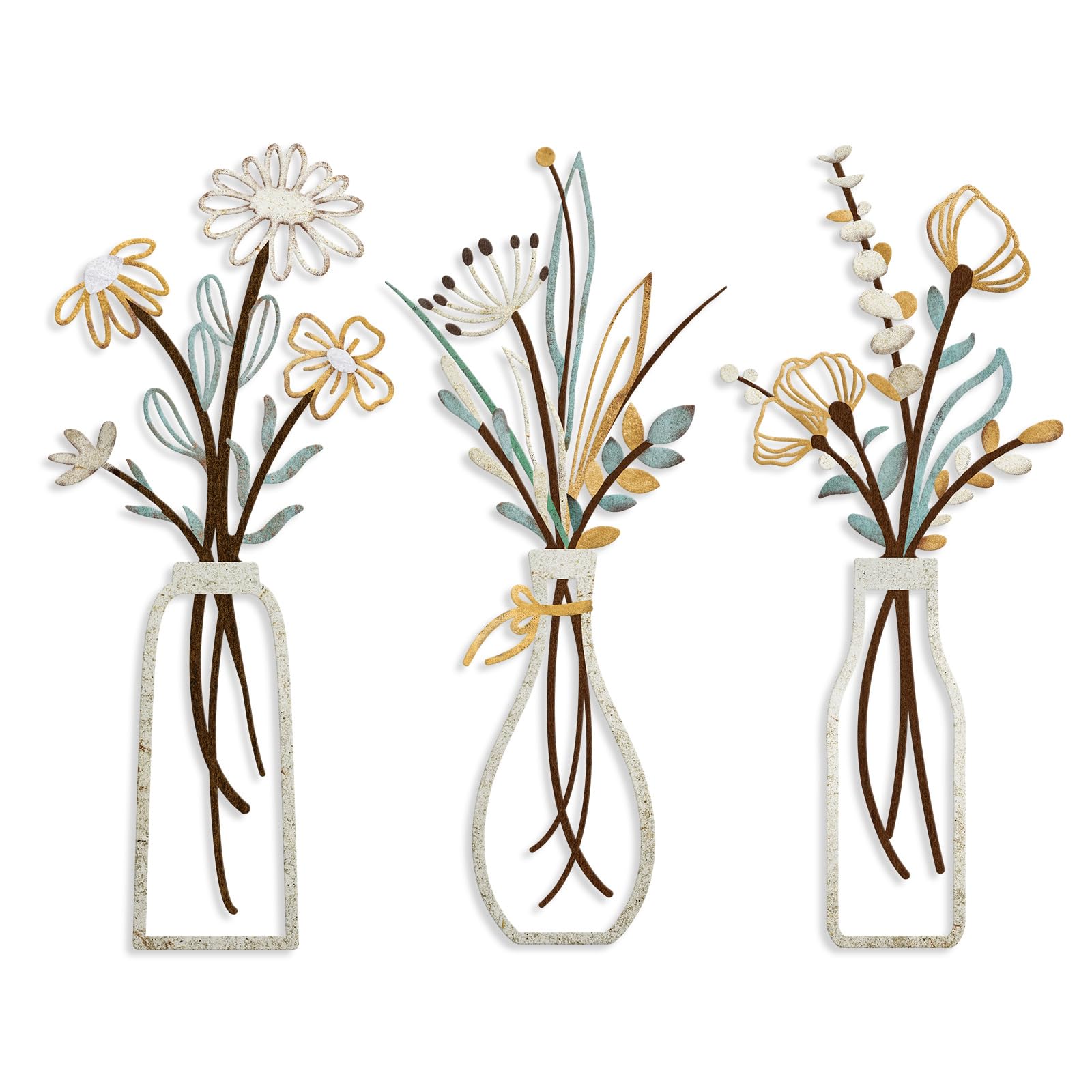 Photo 1 of Pigort 3 Pieces Metal Flowers Wall Arts - Rustic Farmhouse Decor Beige Minimalist Flower Wall Decors for Living room Bathroom Bedroom Dining Room-Housewarming Gifts (Beige, Vase-C)