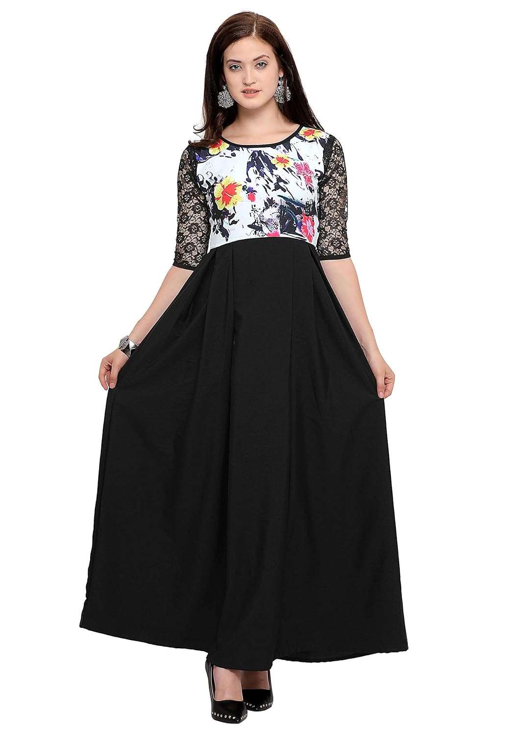 fashion2wear women black maxi digital printed stitched crepe gown