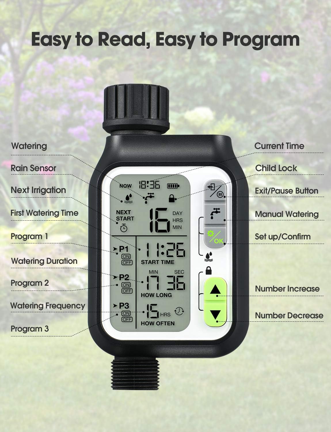 Homitt Water Timer, 3 Separate Watering Programs Sprinkler Timer with Rain Auto Sensor Function, Hose Timer/Single Valve Faucet Timer for Garden, Drip Irrigation, Sprinkle System, Rain Barrel : Garden & Outdoor